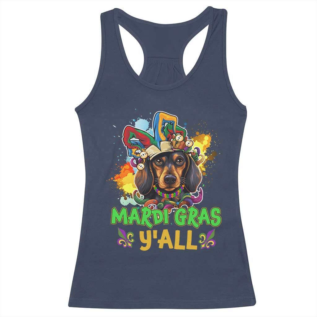 Mardi Gras Y'all Dachshund Dog With Beads Colorful Racerback Tank Top TS09 Navy Print Your Wear