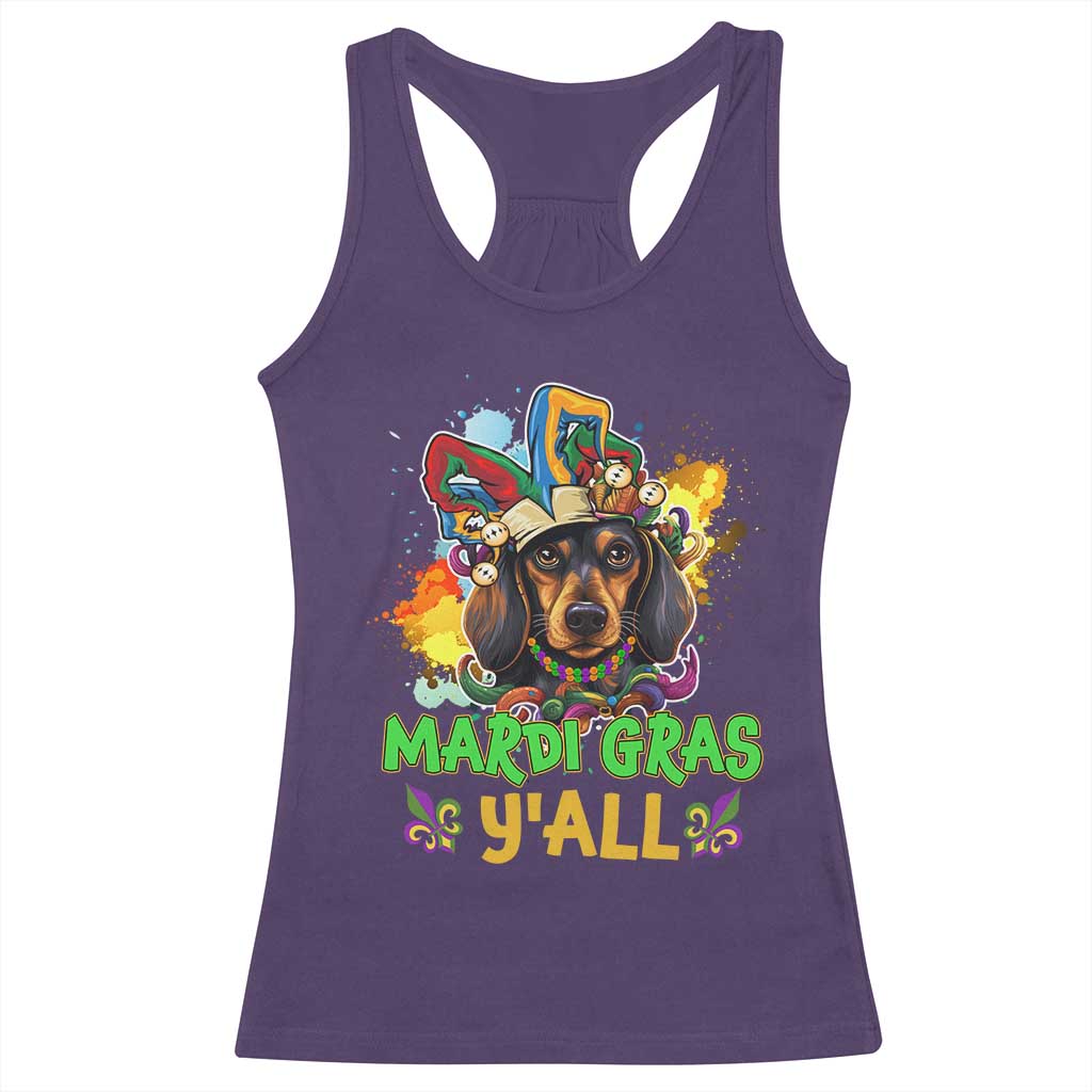 Mardi Gras Y'all Dachshund Dog With Beads Colorful Racerback Tank Top TS09 Purple Print Your Wear