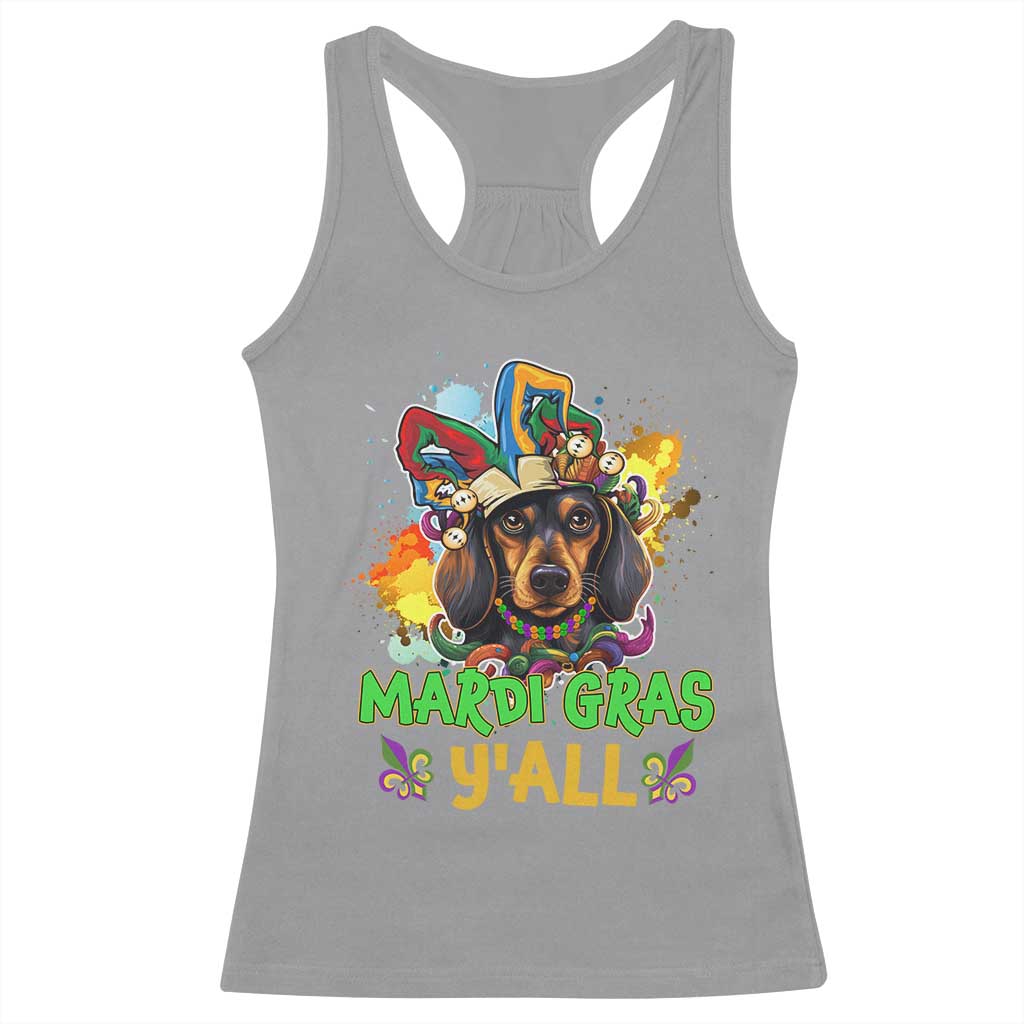 Mardi Gras Y'all Dachshund Dog With Beads Colorful Racerback Tank Top TS09 Sport Gray Print Your Wear