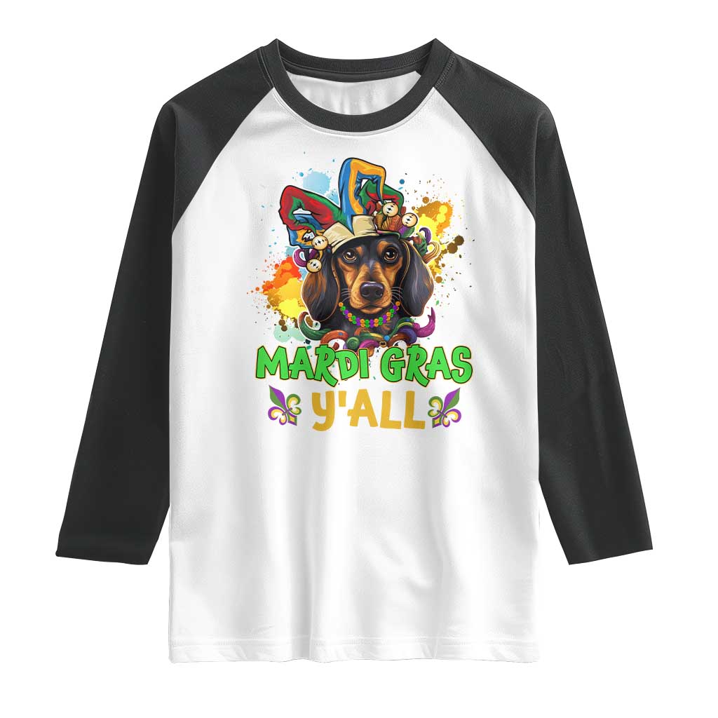 Mardi Gras Y'all Dachshund Dog With Beads Colorful Raglan Shirt TS09 White Black Print Your Wear