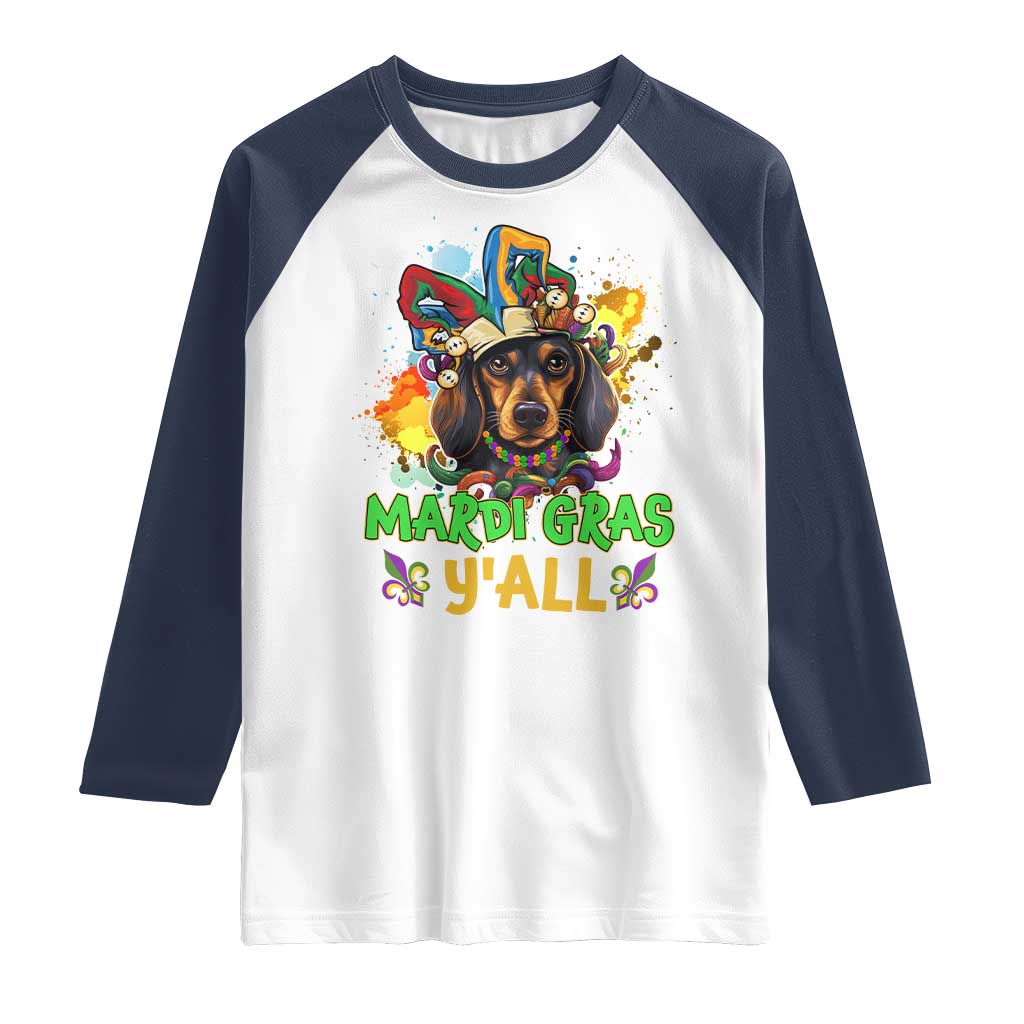 Mardi Gras Y'all Dachshund Dog With Beads Colorful Raglan Shirt TS09 White Navy Print Your Wear