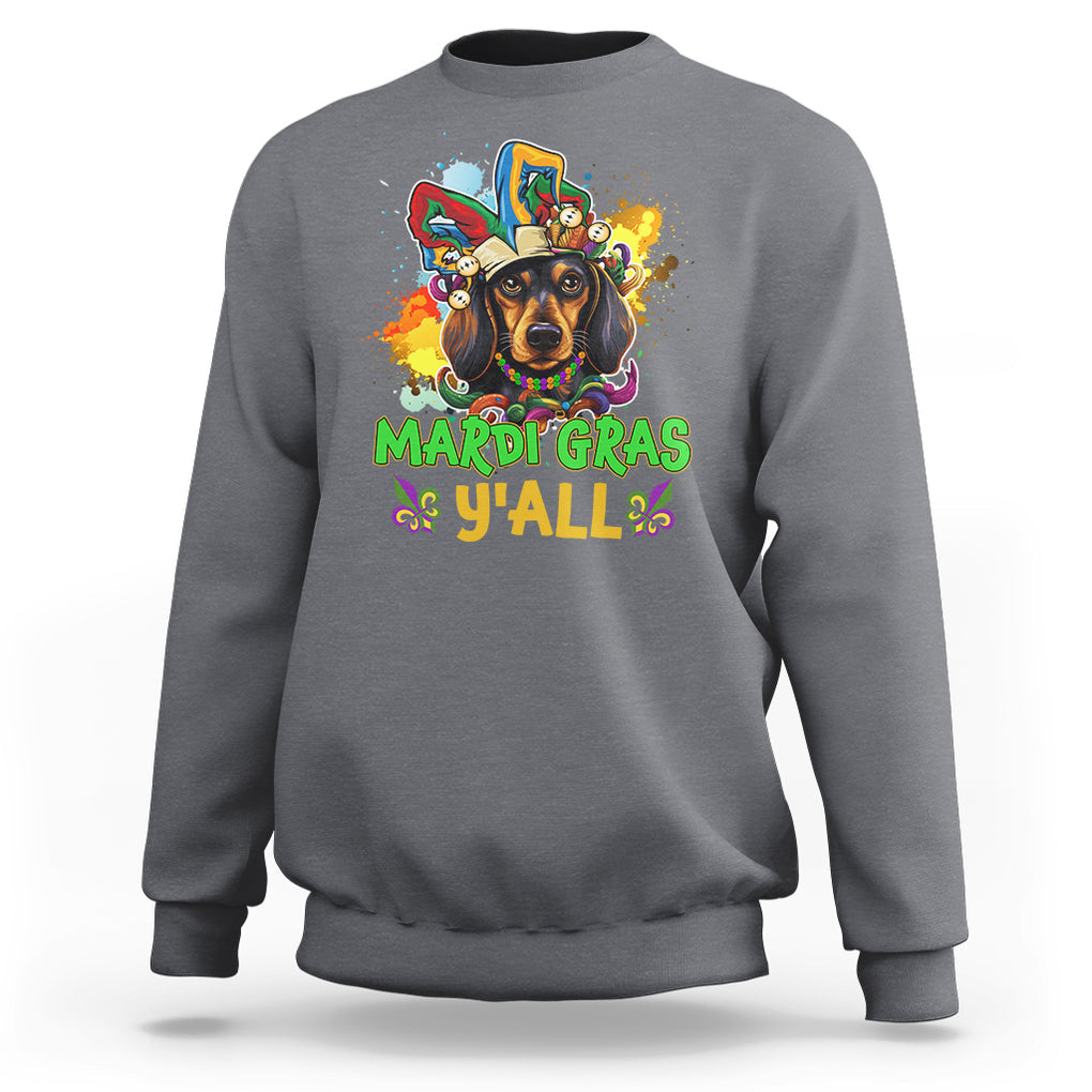 Mardi Gras Y'all Dachshund Dog With Beads Colorful Sweatshirt TS09 Charcoal Printyourwear