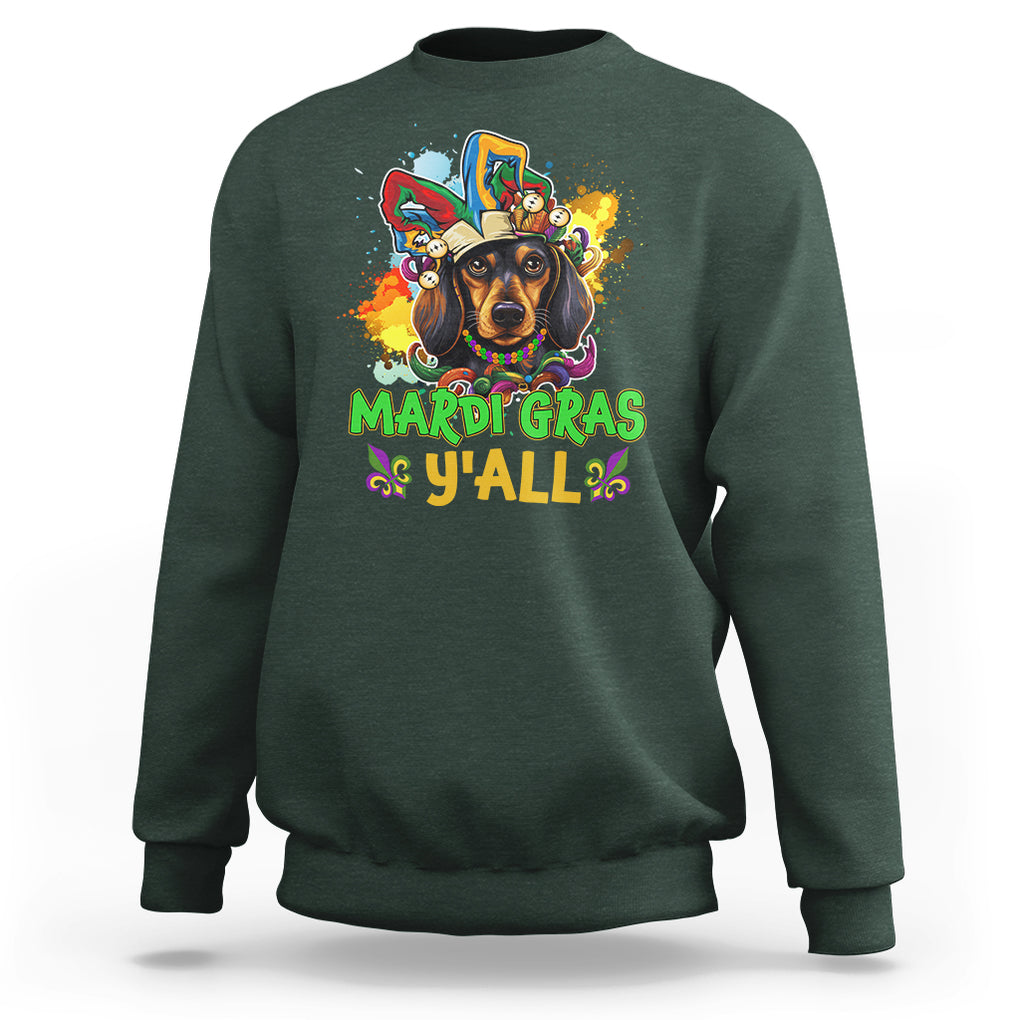 Mardi Gras Y'all Dachshund Dog With Beads Colorful Sweatshirt TS09 Dark Forest Green Printyourwear