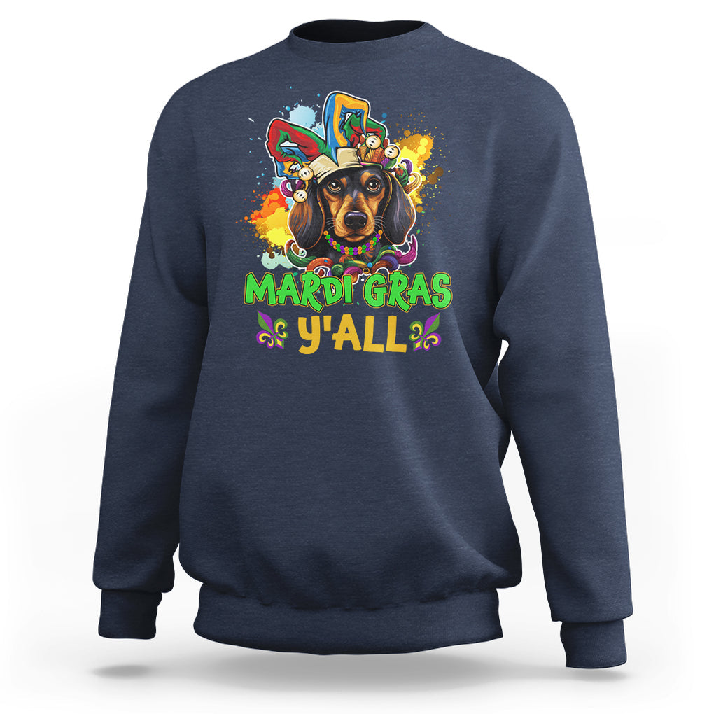 Mardi Gras Y'all Dachshund Dog With Beads Colorful Sweatshirt TS09 Navy Printyourwear