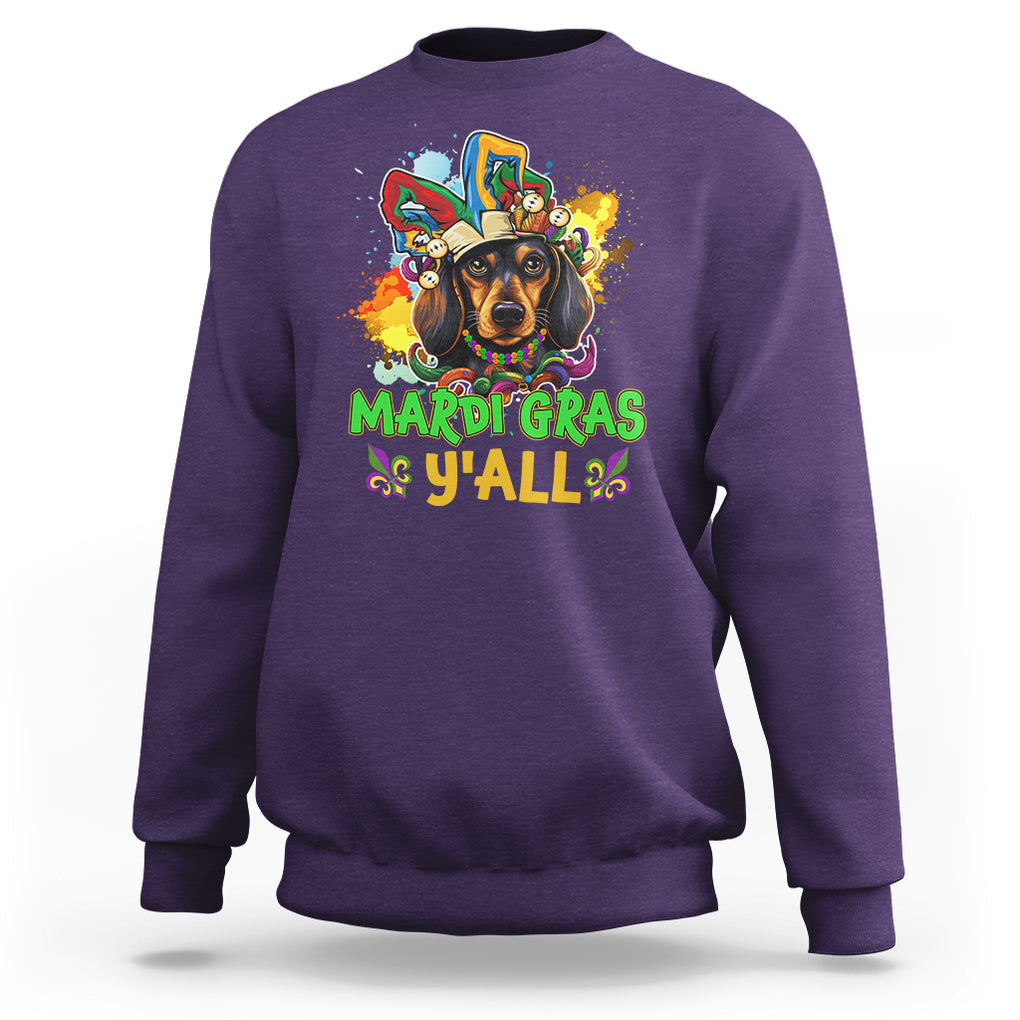 Mardi Gras Y'all Dachshund Dog With Beads Colorful Sweatshirt TS09 Purple Printyourwear