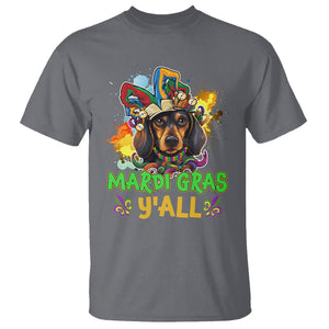 Mardi Gras Y'all Dachshund Dog With Beads Colorful T Shirt TS09 Charcoal Printyourwear