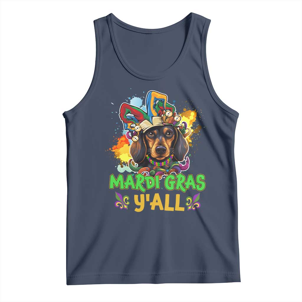 Mardi Gras Y'all Dachshund Dog With Beads Colorful Tank Top TS09 Navy Print Your Wear