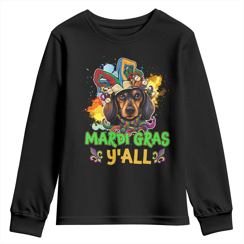 Mardi Gras Y'all Dachshund Dog With Beads Colorful Youth Sweatshirt TS09 Black Print Your Wear