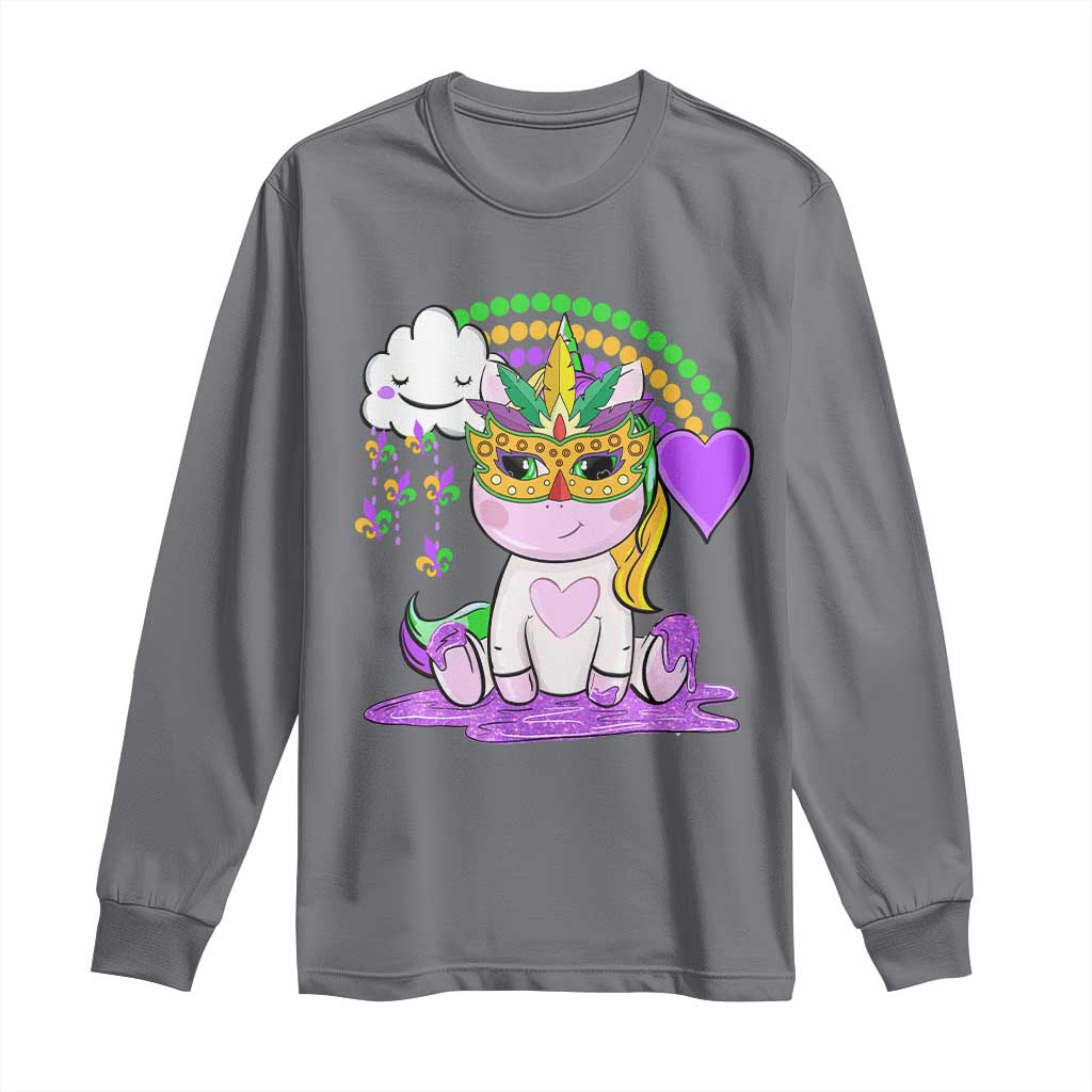 Mardi Gras Cute Unicorn Beads Rainbow Fleur De Lis Long Sleeve Shirt TS09 Charcoal Print Your Wear
