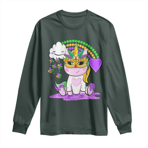 Mardi Gras Cute Unicorn Beads Rainbow Fleur De Lis Long Sleeve Shirt TS09 Dark Forest Green Print Your Wear