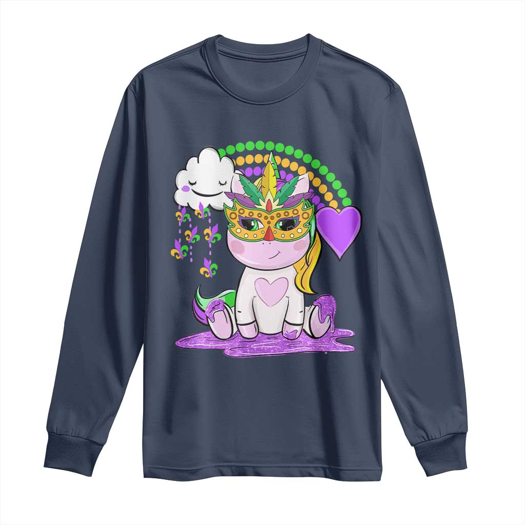 Mardi Gras Cute Unicorn Beads Rainbow Fleur De Lis Long Sleeve Shirt TS09 Navy Print Your Wear
