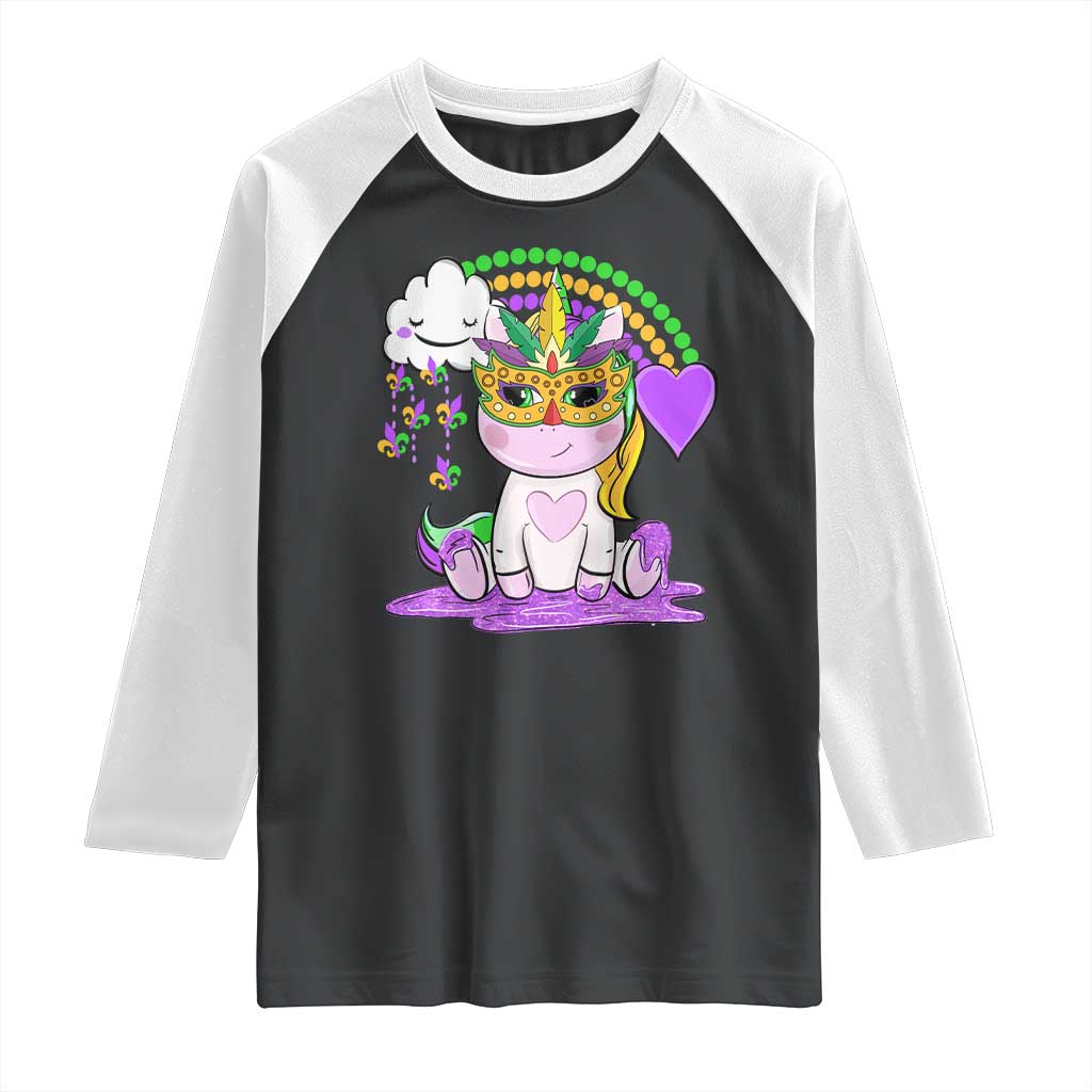 Mardi Gras Cute Unicorn Beads Rainbow Fleur De Lis Raglan Shirt TS09 Black White Print Your Wear