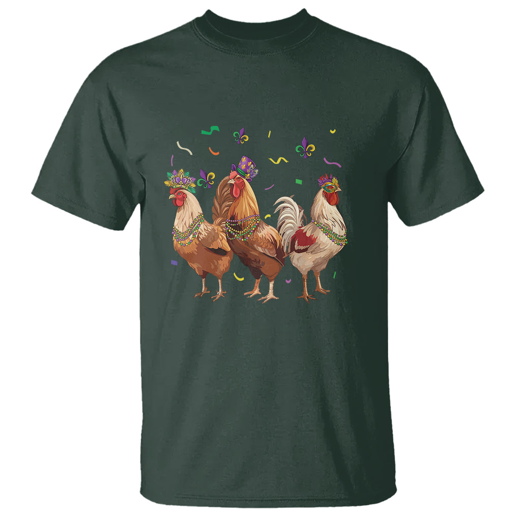 Mardi Gras Funny Farmer Jester Chicken Beads T Shirt TS09 Dark Forest Green Printyourwear