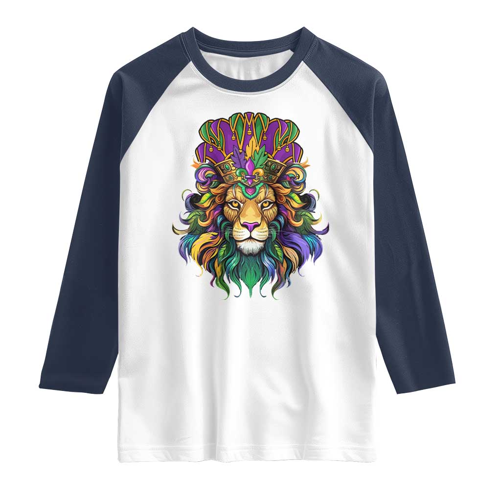 Mardi Gras Raglan Shirt Pride Lion With Jester Hat Fat Tuesday Festival TS09 White Navy Print Your Wear
