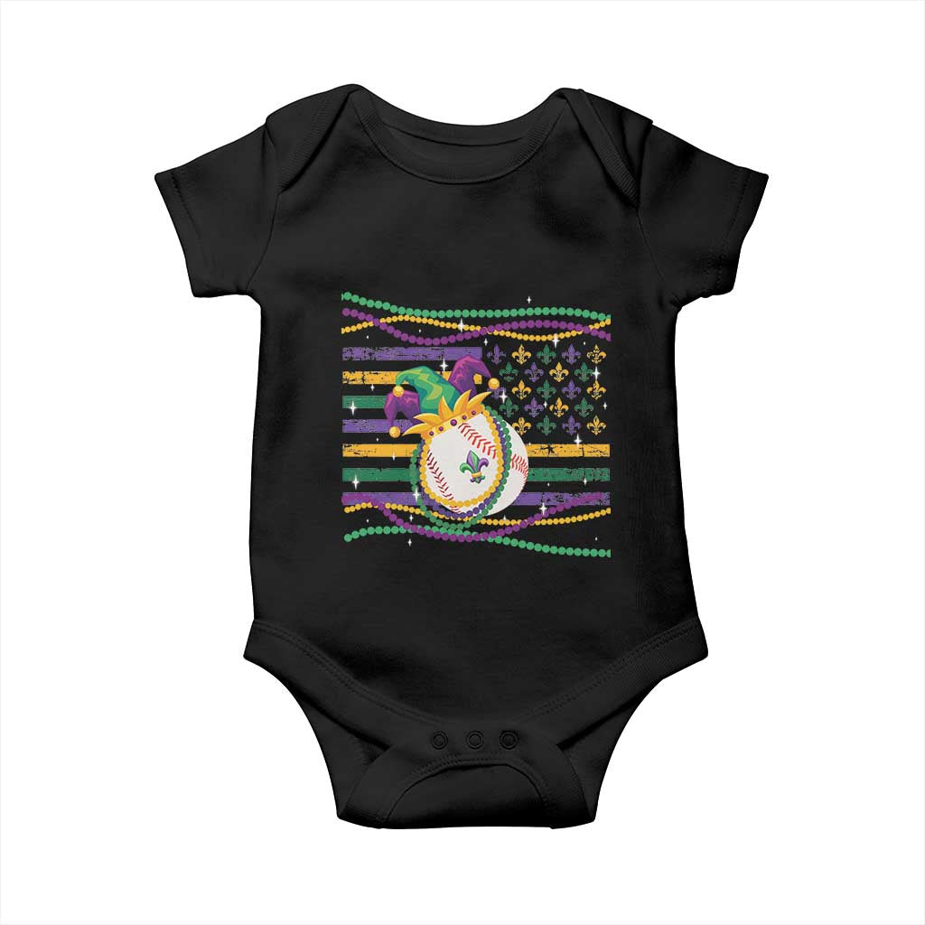 Mardi Gras Baseball Jester Hat Beads Flag Baby Onesie TS09 Black Print Your Wear