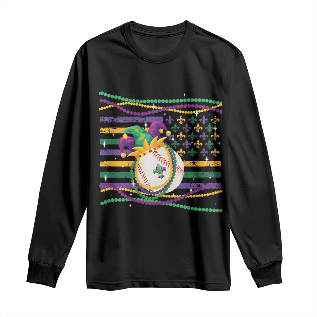 Mardi Gras Baseball Jester Hat Beads Flag Long Sleeve Shirt TS09 Black Print Your Wear