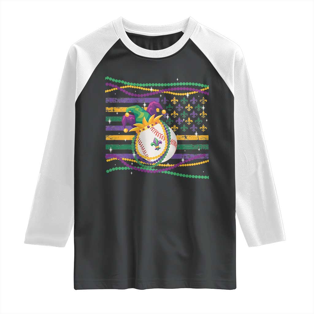 Mardi Gras Baseball Jester Hat Beads Flag Raglan Shirt TS09 Black White Print Your Wear