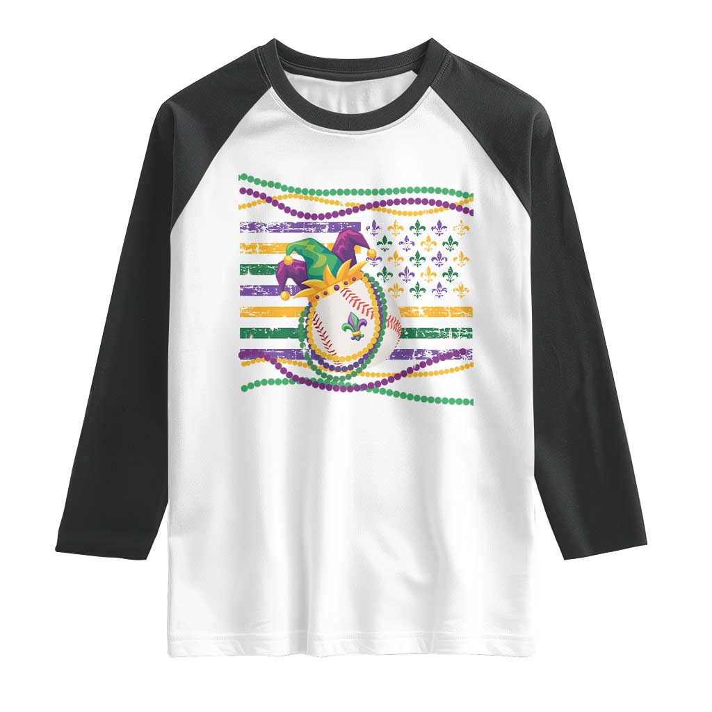 Mardi Gras Baseball Jester Hat Beads Flag Raglan Shirt TS09 White Black Print Your Wear