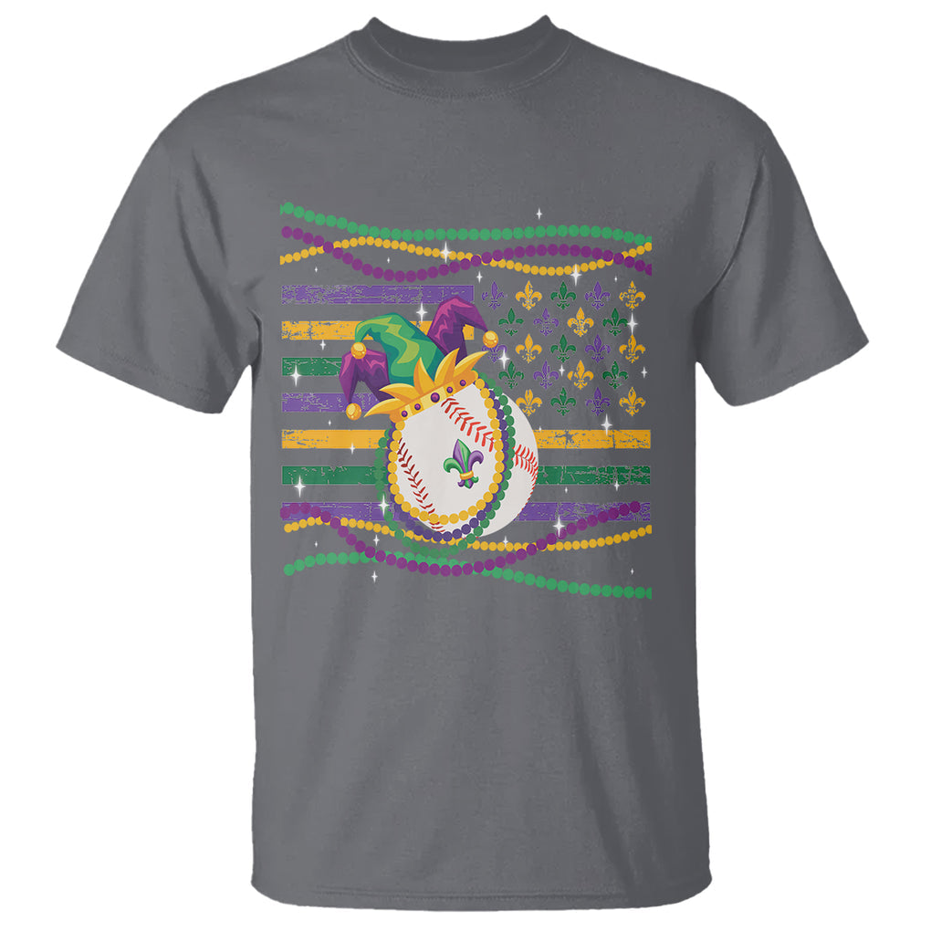 Mardi Gras Baseball Jester Hat Beads Flag T Shirt TS09 Charcoal Printyourwear
