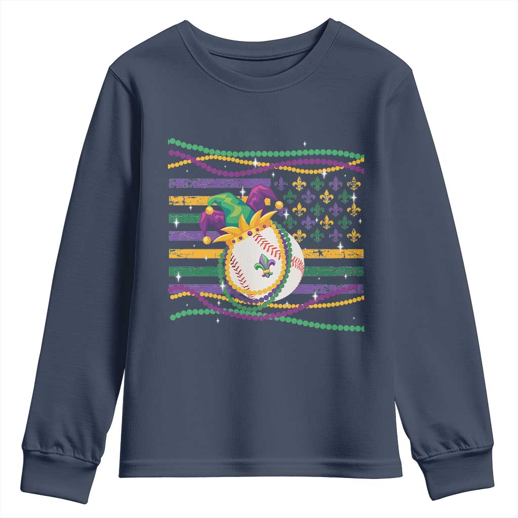 Mardi Gras Baseball Jester Hat Beads Flag Youth Sweatshirt TS09 Navy Print Your Wear