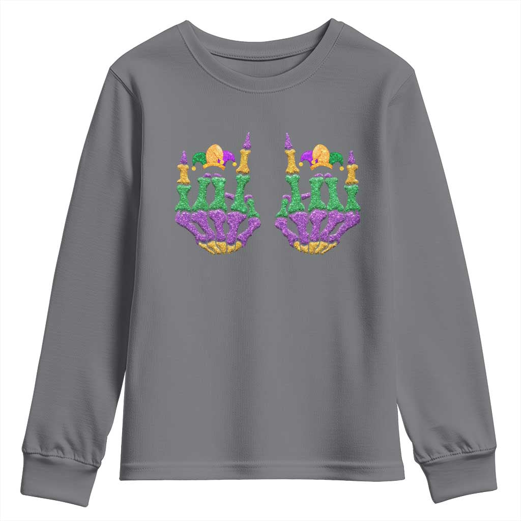 Mardi Gras Youth Sweatshirt Jester Skeleton Rock Hand Fat Tuesday Festival TS09 Charcoal Print Your Wear