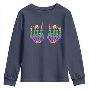 Mardi Gras Youth Sweatshirt Jester Skeleton Rock Hand Fat Tuesday Festival TS09 Navy Print Your Wear