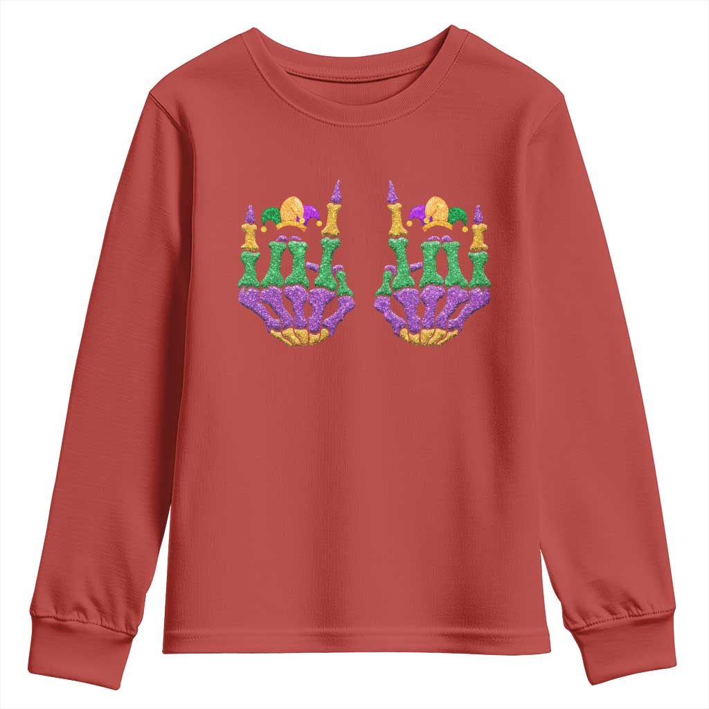 Mardi Gras Youth Sweatshirt Jester Skeleton Rock Hand Fat Tuesday Festival TS09 Red Print Your Wear