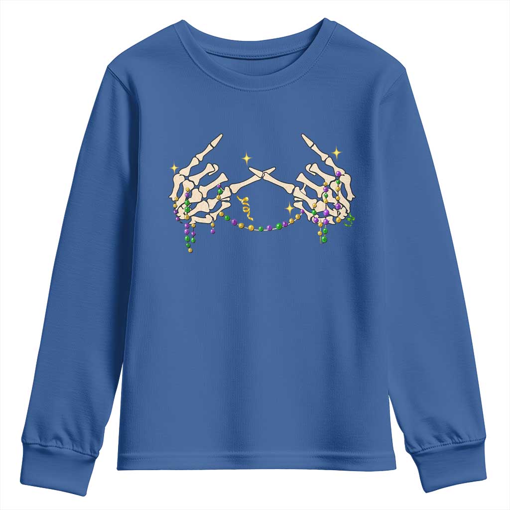 Mardi Gras Youth Sweatshirt Skeleton Rock Hand Beads Fat Tuesday Festival TS09 Royal Blue Print Your Wear