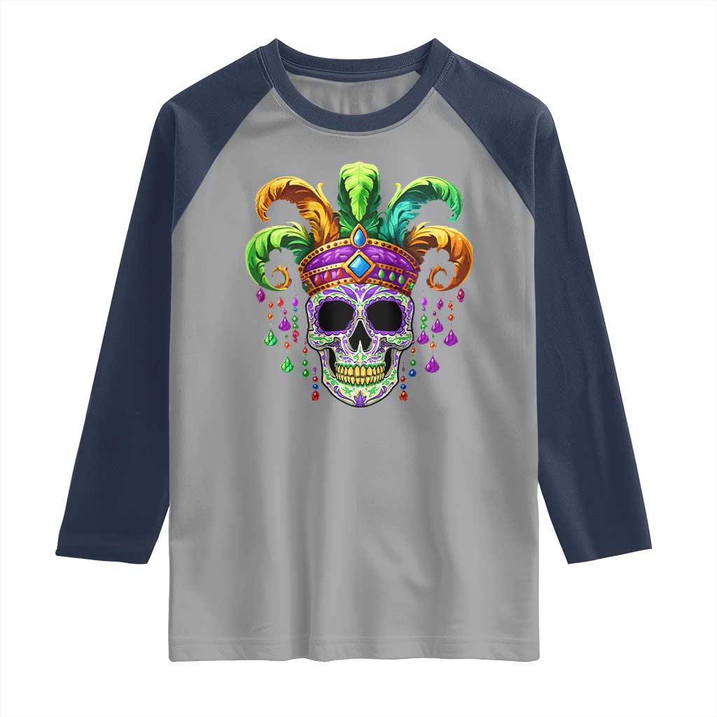 Mardi Gras Beads Sugar Skull Fat Tuesday New Orleans Raglan Shirt TS09 Sport Gray Navy Print Your Wear