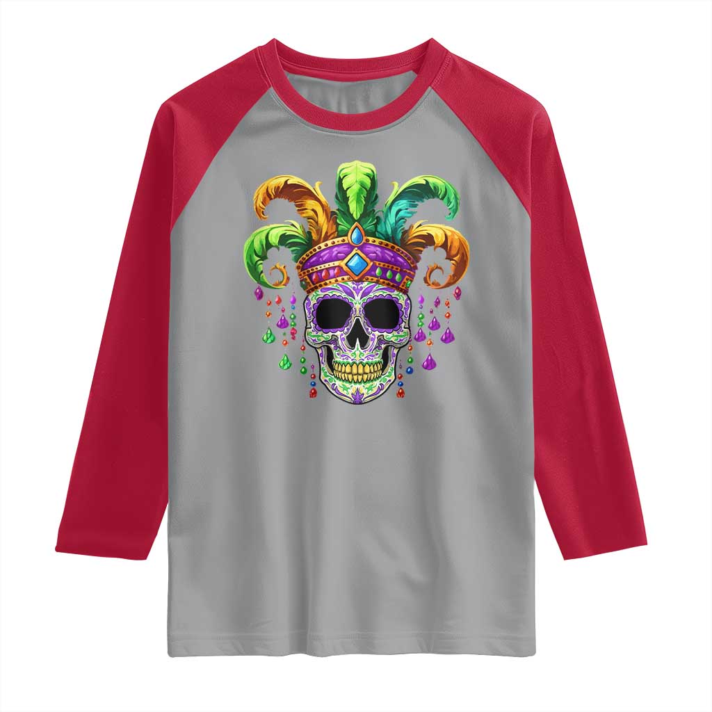 Mardi Gras Beads Sugar Skull Fat Tuesday New Orleans Raglan Shirt TS09 Sport Gray Red Print Your Wear