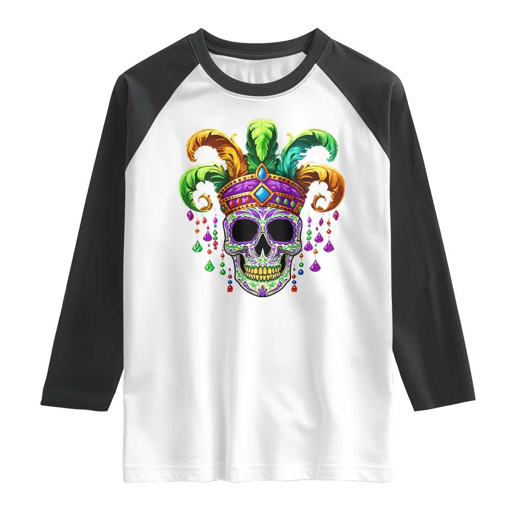 Mardi Gras Beads Sugar Skull Fat Tuesday New Orleans Raglan Shirt TS09 White Black Print Your Wear