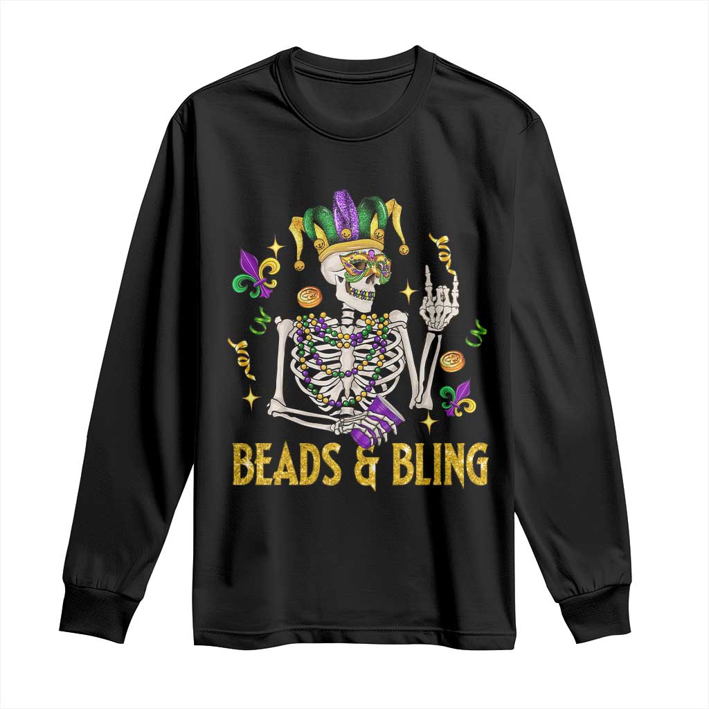 Mardi Gras Funny Skeleton Beads And Bling Long Sleeve Shirt TS09 Black Print Your Wear