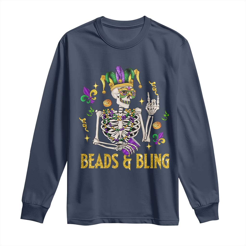 Mardi Gras Funny Skeleton Beads And Bling Long Sleeve Shirt TS09 Navy Print Your Wear