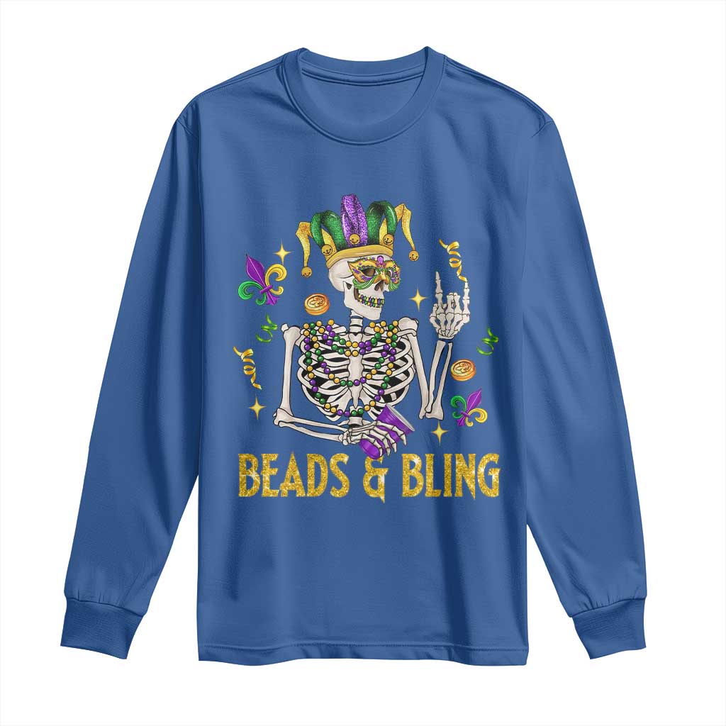 Mardi Gras Funny Skeleton Beads And Bling Long Sleeve Shirt TS09 Royal Blue Print Your Wear