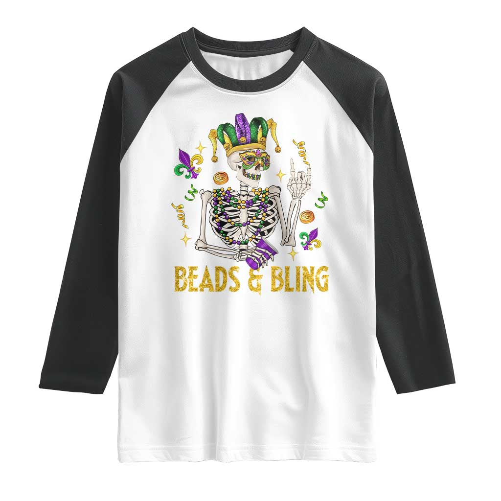 Mardi Gras Funny Skeleton Beads And Bling Raglan Shirt TS09 White Black Print Your Wear