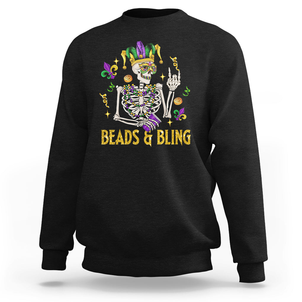 Mardi Gras Funny Skeleton Beads And Bling Sweatshirt TS09 Black Printyourwear