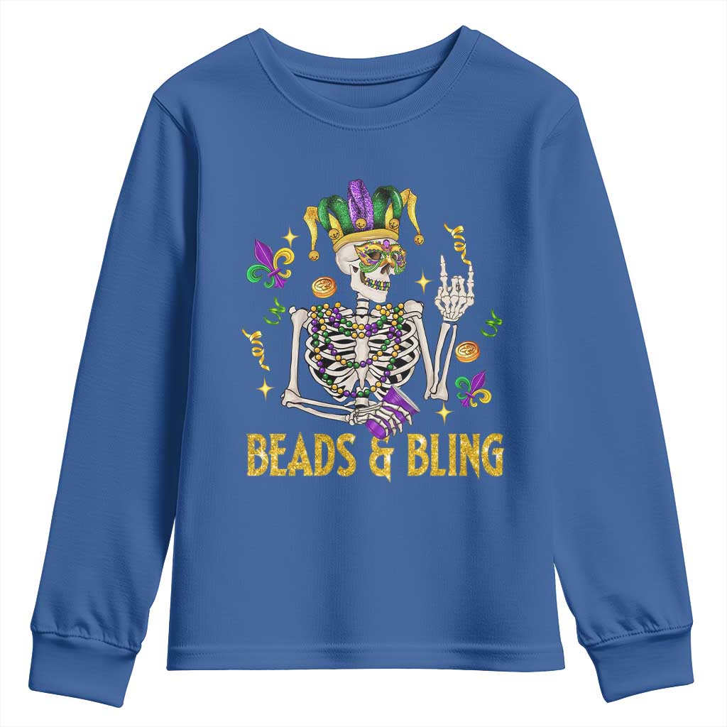 Mardi Gras Funny Skeleton Beads And Bling Youth Sweatshirt TS09 Royal Blue Print Your Wear
