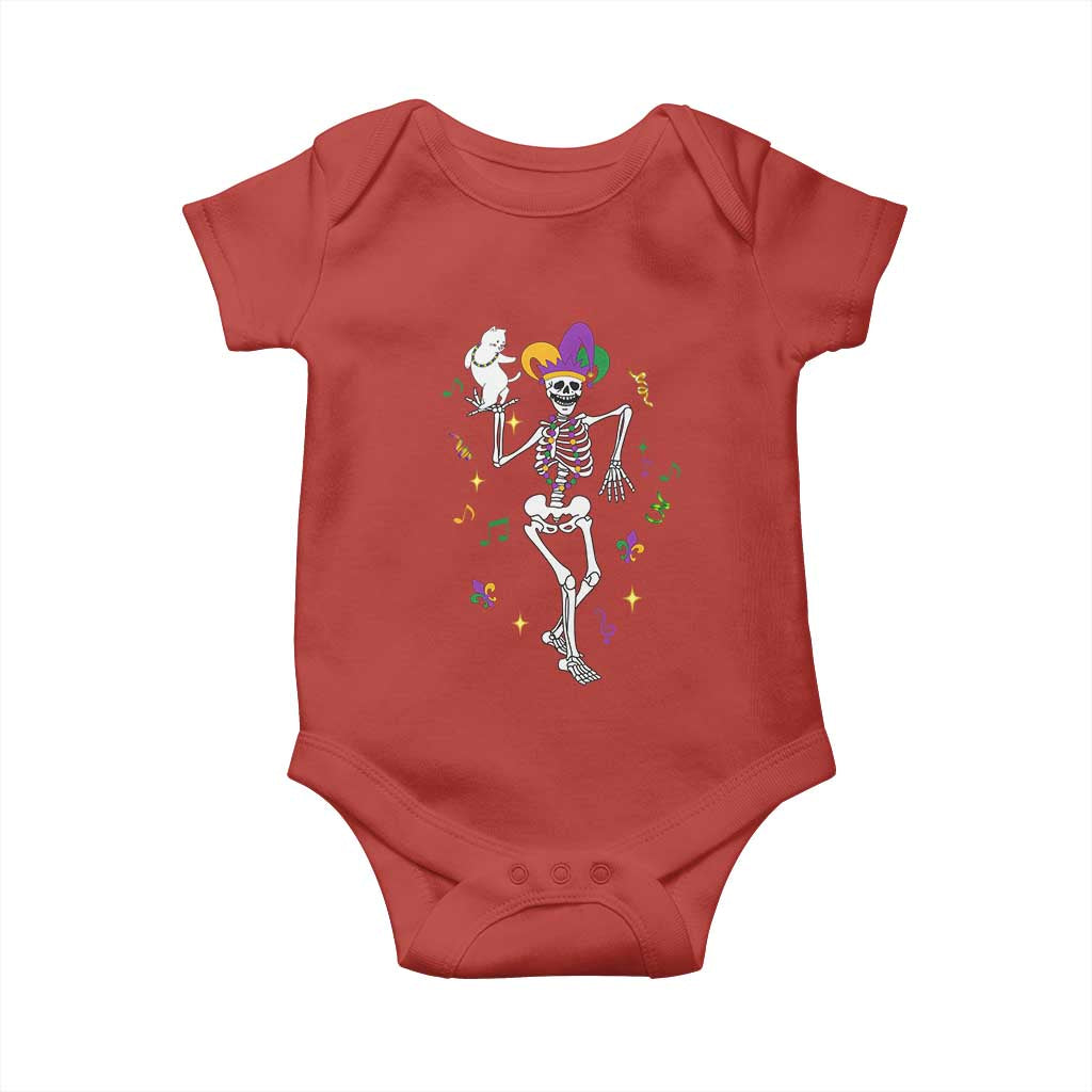 Mardi Gras Funny Jester Skeleton Dancing With Cat Baby Onesie TS09 Red Print Your Wear