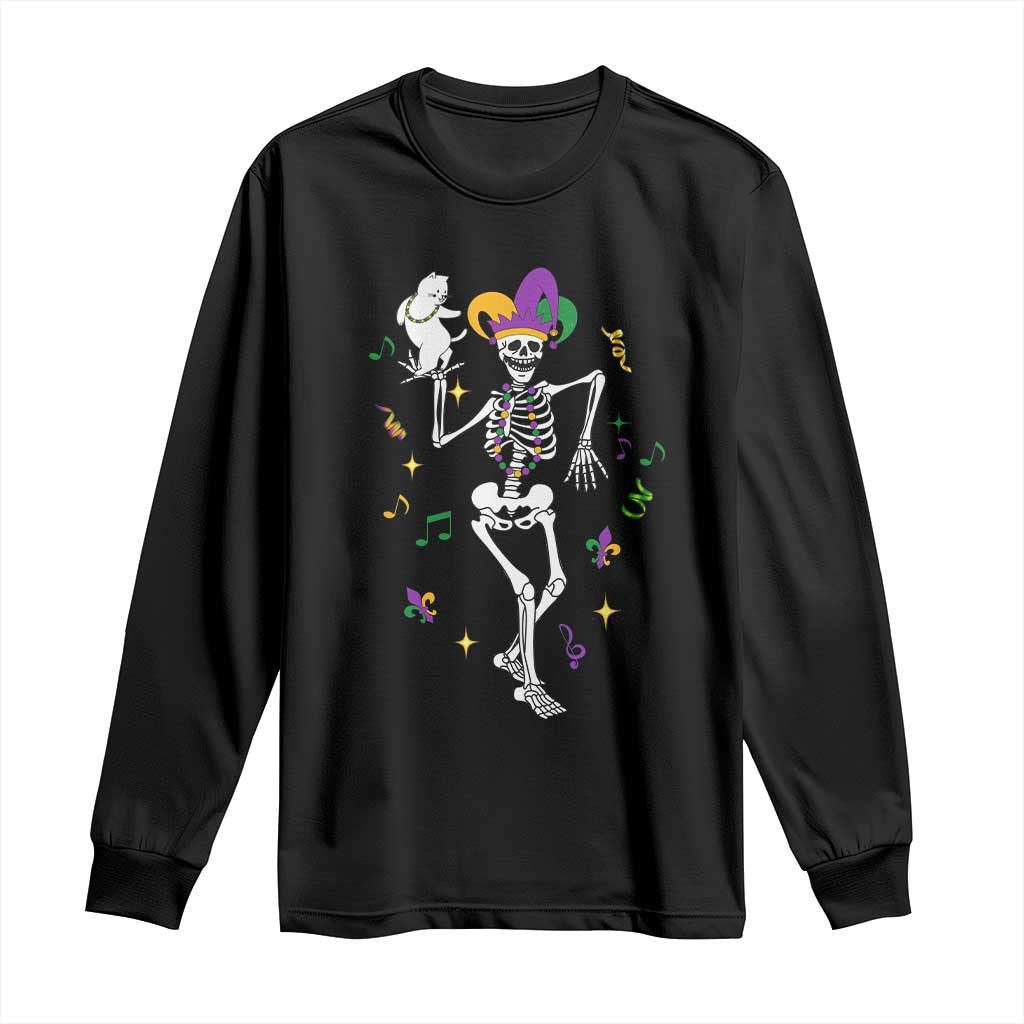 Mardi Gras Funny Jester Skeleton Dancing With Cat Long Sleeve Shirt TS09 Black Print Your Wear