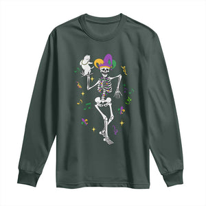 Mardi Gras Funny Jester Skeleton Dancing With Cat Long Sleeve Shirt TS09 Dark Forest Green Print Your Wear