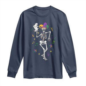 Mardi Gras Funny Jester Skeleton Dancing With Cat Long Sleeve Shirt TS09 Navy Print Your Wear