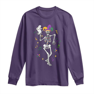 Mardi Gras Funny Jester Skeleton Dancing With Cat Long Sleeve Shirt TS09 Purple Print Your Wear