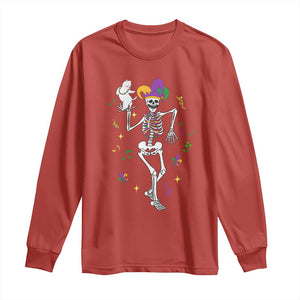 Mardi Gras Funny Jester Skeleton Dancing With Cat Long Sleeve Shirt TS09 Red Print Your Wear