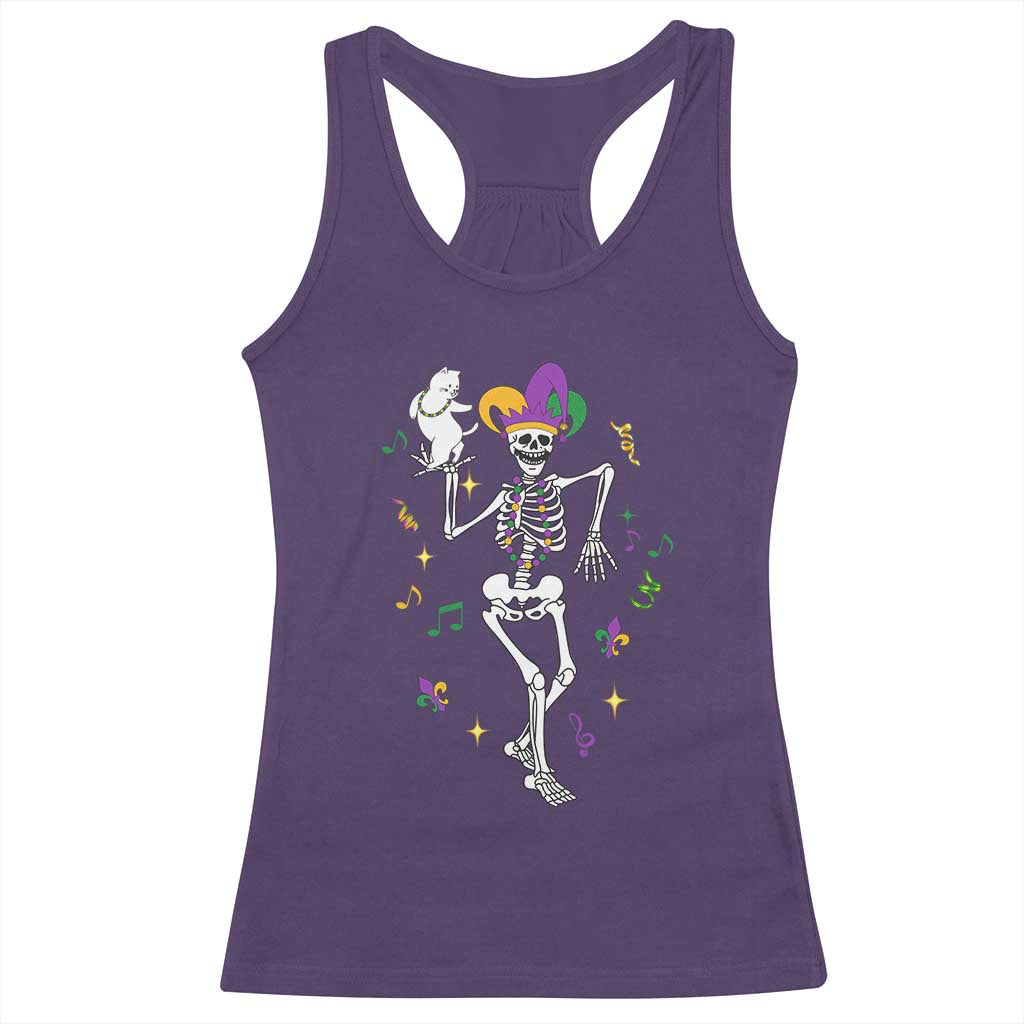 Mardi Gras Funny Jester Skeleton Dancing With Cat Racerback Tank Top TS09 Purple Print Your Wear