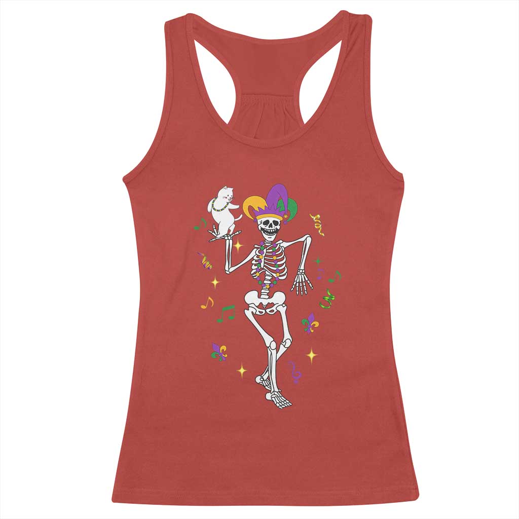 Mardi Gras Funny Jester Skeleton Dancing With Cat Racerback Tank Top TS09 Red Print Your Wear