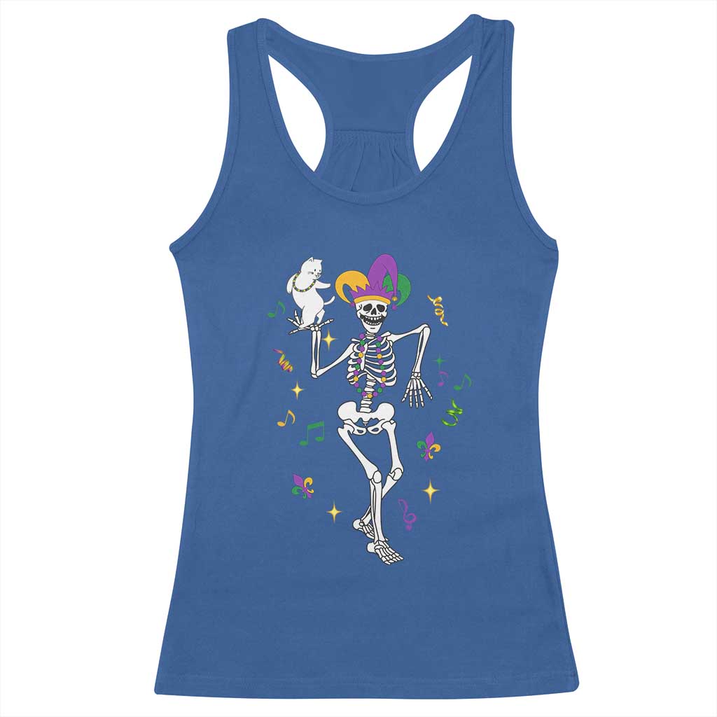 Mardi Gras Funny Jester Skeleton Dancing With Cat Racerback Tank Top TS09 Royal Blue Print Your Wear
