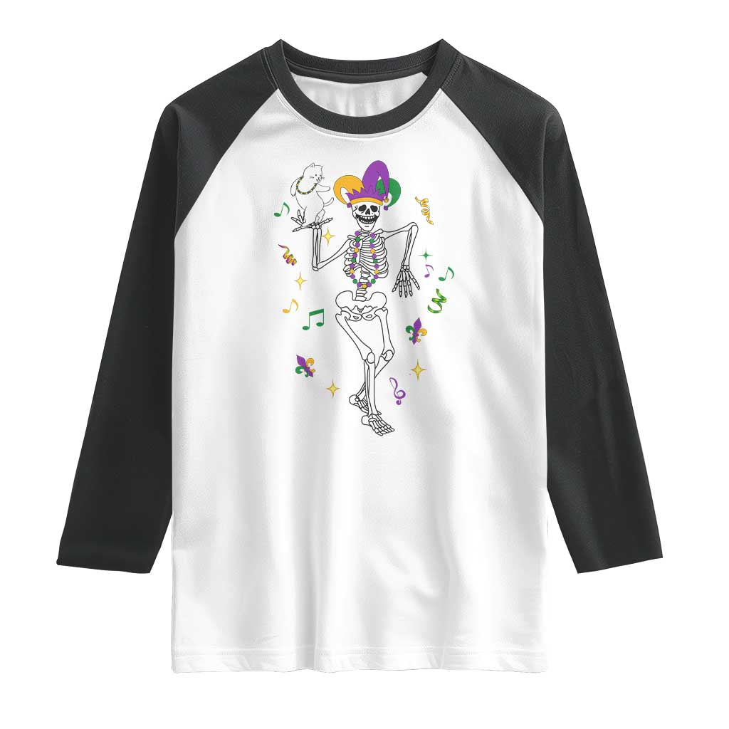 Mardi Gras Funny Jester Skeleton Dancing With Cat Raglan Shirt TS09 White Black Print Your Wear