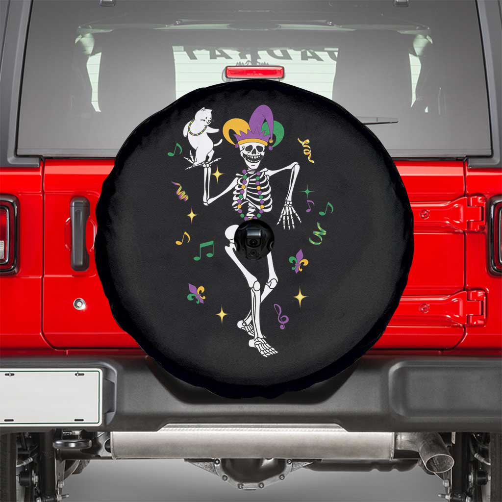 Mardi Gras Funny Jester Skeleton Dancing With Cat Spare Tire Cover TS09 Black Print Your Wear