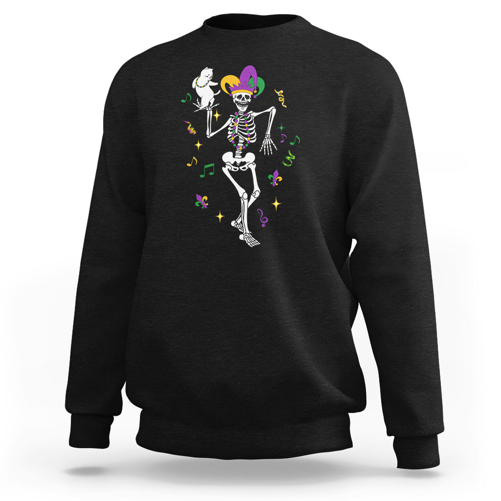 Mardi Gras Funny Jester Skeleton Dancing With Cat Sweatshirt TS09 Black Printyourwear