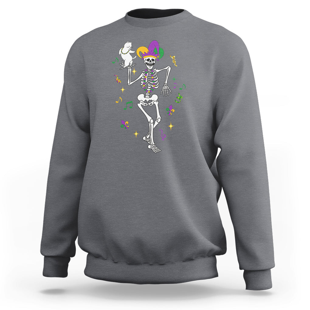 Mardi Gras Funny Jester Skeleton Dancing With Cat Sweatshirt TS09 Charcoal Printyourwear
